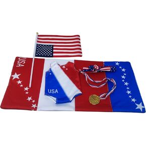18 Inch Doll Clothes and Accessories,18 inch Dolls Gymnastics Leotard,Matching Doll 4th July Patriotic Clothes USA Flag,Mat and Olympic Gold Medal Fits Most 18" Dolls