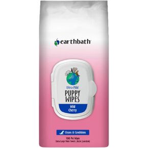earthbath Ultra-Mild Wild Cherry Puppy Grooming Wipes - Softly Wipe Away Dirt and Odor, Moisturizes, Aloe Vera, Vitamin E - Handily Clean Your Puppies' Dirty Paws & Undercoat - 100 Count, Pack of 2