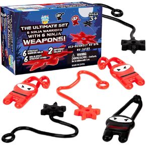PICK A TOY Stretchy Flying Ninjas [12-Pieces] | Elastic Slingshot Ninja Toys for Boys & Girls | Great Birthday Party Favors Idea | Red & Black Colors | Eco-Friendly, BPA-Free Materials