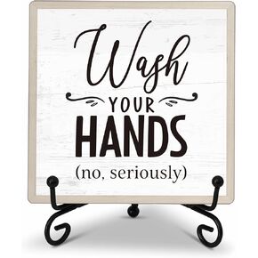 Bathroom Signs Decor Wood Plaque, Wash Your Hands Quote Wood Block, Funny 5x5 Inch Shelf Decor Plaque, Home Farmhouse Bathroom Public Toilet Kids Bathroom Wood Sign, One Piece-A(01)