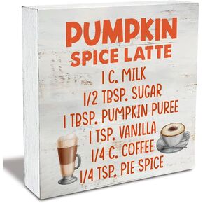 Rustic Pumpkin Spice Latte Wood Box Sign Fall Pumpkin Autumn Wooden Box Sign Farmhouse Home Kitchen Coffee Bar Desk Shelf Decor (5 X 5 Inch)