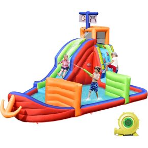 BOUNTECH Inflatable Water Slide, Pirate Ship Waterslide Park for Kids Backyard Fun w/Baffles Obstacle, Splash Pool, Blow up Long Water Slides Inflatables for Kids and Adults Birthday Party Gifts