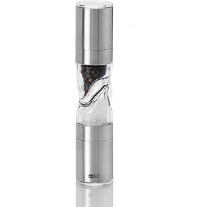 AdHoc Duomill Pure Salt and Pepper Combo Mill - 2-in-1 Salt and Pepper Grinder with Aroma Bottom Cap - Adjustable Grinder - Refillable Spice Tools - Hand Wash Kitchen Tool - Stainless Steel, 9"