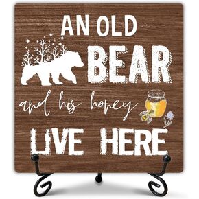Funny Wooden Signs, An Old Bear and His Honey Live Here Desk Decor, Cute Office Decor, Inspirational Gift for Family Friends and Colleagues, Funny Signs for Office Bedroom Desk Decoration Shelf-B08