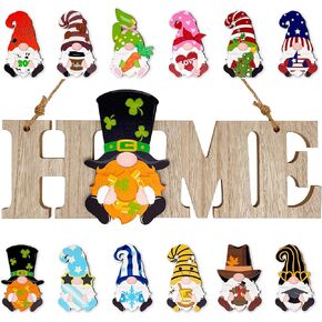 Seasonal Interchangeable Wooden Gnomes Home Decor Welcome Sign DIY with 12 Detachable Magnet Wood Holiday Gnomes, Rustic Farmhouse Decor, Housewarming Gifts