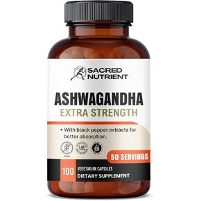 Ashwagandha Organic Extra Strength Supplement with Black Pepper for Stress & Mood Support, Helps Increase Energy 300mg Extract (Equivalent 3000mg Herb), 100 Capsules