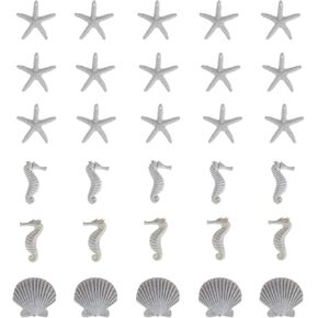 LJY 30 Pieces White Resin Pencil Finger Starfish Seahorse & Seashells Set with Drilled Holes for Wedding Home Decor and Craft Project