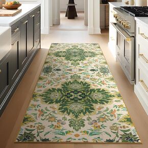 Phantoscope 5'x7' Vintage Collection Area Rug, Washable Living Room Rug Non-Slip, Low-Pile Boho Floral Painting Carpet for Bedroom Dining Room Office Durable Indoor Printed Rug, Forest Green/Cream