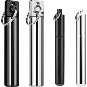 4 Pcs Portable Toothpick Holder Metal Pocket Toothpick Box 2 Sizes Aluminum Alloy Tube Airtight Waterproof Joint Holder Case Pocket Purse Tube Container with Keychain (Silver, Black)