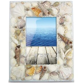 Puzzled CoTa Global Ocean Beach 4x6 Frame - Distressed Wood Seashell Photo Frame for Summer Vacation Memory, Handmade Beach Sand Nautical Picture Frame For Tabletop Decor - 9.4 Inches