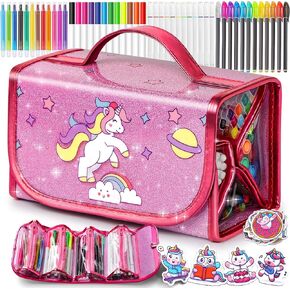beefunni Unicorn Washable Markers Set 48 pcs with Glitte Pencil Case, Art Supplies for Kids Ages 4-6-8, Arts Crafts Coloring Set with Unicorn Stickers - Birthday Gifts for Girls 4 5 6 7 8 9 Year Old