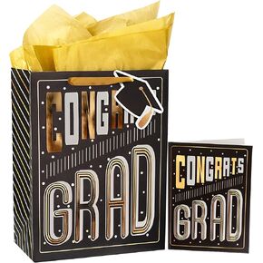 MAYPLUSS 13" Large Gift Bag with Greeting Card and Tissue Paper for Graduation - Black Gold Design