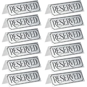 Juvale 12-Pack Small Metal Reserved Table Signs for Restaurants, Dinner Parties, Bridal Showers, and Wedding Banquets, Anniversaries, Etched Silver Design (4.7x1.5 in)