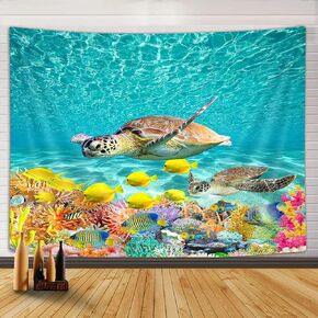 Ocean Underwater Sea Turtle Tapestry, Seawater Seabed Landscape Beach Sea Turtle Fish Coral Reef Marine Animal Tapestries, Kids Tapestry Wall Hanging for Dorm Living Room Bedroom, 60X40IN Turquoise