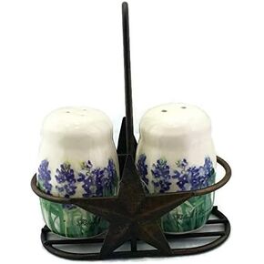 Texas Bluebonnet Salt and Pepper Shaker Set with Lonestar Metal Holder