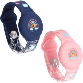 SAVITA 2pcs Kids Wristband for AirTag, Boho Rainbow Pattern Bracelet for Kids Toddler Elder Adjustable Watch Band Kids Anti Lost for AirTag Case Holder for Hiding GPS Tracker (Midnight Blue, Pink)