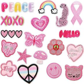 Qpout 18 Pieces Preppy Patches Pink Iron on Patches for Girls Kids Cute Love Repair Decoractive Patch for Clothing Design Backpack Jackets Hats Jeans Shirt DIY Craft Decorations