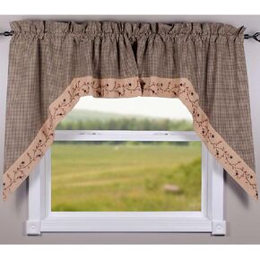 Primitive Home Decors Star Berry Vine Gingham Check Black and Nutmeg 72" Wide x 36" Long Cotton Lined Curtain Swag in Saudi Arabia