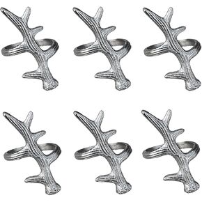Silver Plated Napkin Rings Handcrafted Antler Napkin Ring Set of 6 Pcs Thanksgiving Party Branch Napkin Rings Holder for Wedding Dinner Party, Dining Room, Family Gathering and Special Occasion