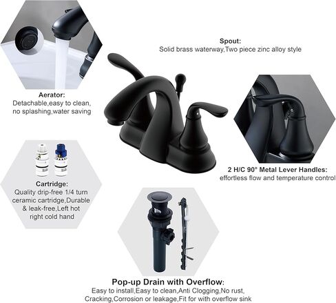 Derengge Matte Black Bathroom Faucet 4 Inch Two Handle Bathroom Sink Fucet with Drain Assembly, Lavatory Faucet for 3 Hole Installation, FL-0288-MT in Kuwait