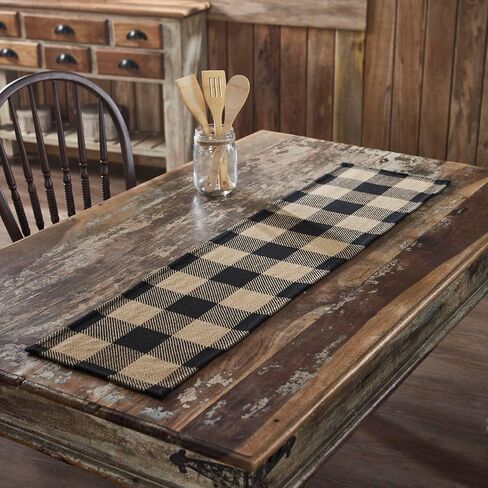 VHC Brands Runner 12x48, Cotton Dining Room, Kitchen Table Runner, Country Farmhouse Style, Black Check Collection, Rectangle 12x48, Country Black in Saudi Arabia