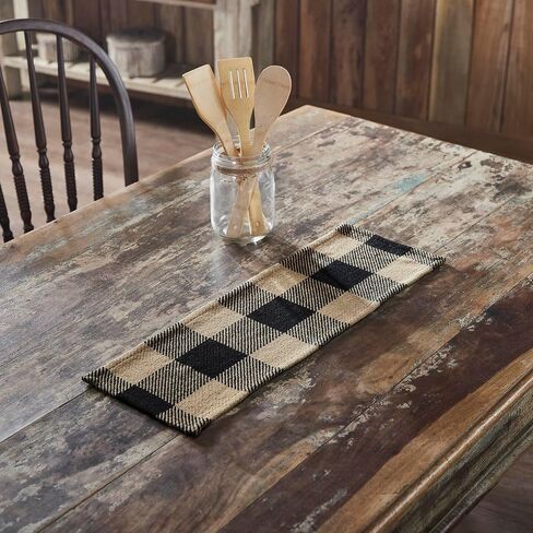VHC Brands Runner 12x48, Cotton Dining Room, Kitchen Table Runner, Country Farmhouse Style, Black Check Collection, Rectangle 12x48, Country Black in Saudi Arabia