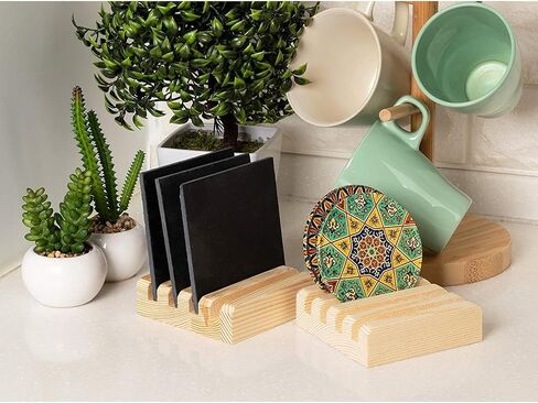 Juvale Coaster Holders - 2-Pack Coaster Display Stand Hold Up to 4 Coaster, 3.9-Inch Wood Coaster Holder Fit Square Round Coaster, for Kitchen, Dining Table, Home Decoration, Housewarming Gift in Saudi Arabia