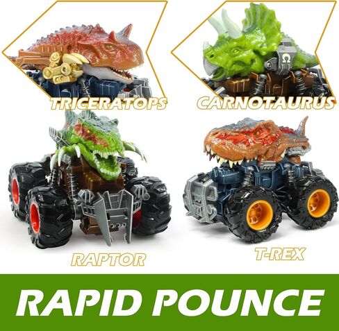 Oriate T-rex Dinosaur Toy Cars for Kids 3-8, Friction Powered Monster Truck with Mechanical Motor, Push n Go Car Stunt Play Party 209-R3 in Kuwait