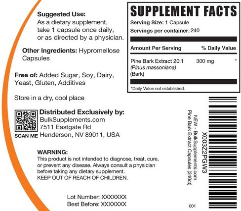 BulkSupplements.com Pine Bark Extract Capsules - Pine Bark Capsules, Antioxidants Supplement, Pine Bark 6000mg Equivalent - Gluten Free, 1 Capsule per Serving, 240 Capsules (Pack of 1) in Saudi Arabia