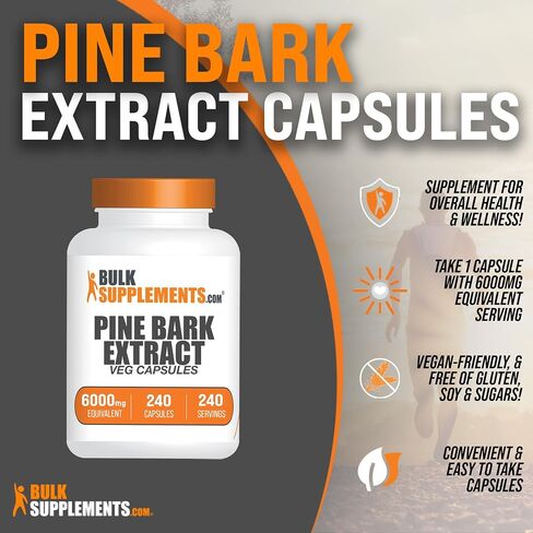 BulkSupplements.com Pine Bark Extract Capsules - Pine Bark Capsules, Antioxidants Supplement, Pine Bark 6000mg Equivalent - Gluten Free, 1 Capsule per Serving, 240 Capsules (Pack of 1) in Saudi Arabia