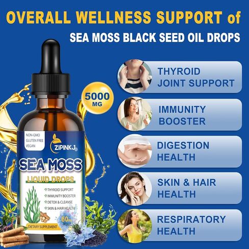 5000mg Sea Moss Liquid Drops - 11 in 1 Black Seed Oil & Irish Sea Moss Gel including Burdock Root, Spirulina, Bladderwrack, Elderberry for Joint & Thyroid, Digestion, Immunity Support - 2 Fl Oz in Saudi Arabia