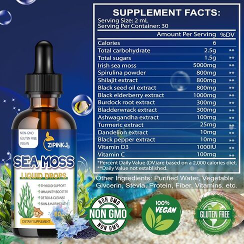 5000mg Sea Moss Liquid Drops - 11 in 1 Black Seed Oil & Irish Sea Moss Gel including Burdock Root, Spirulina, Bladderwrack, Elderberry for Joint & Thyroid, Digestion, Immunity Support - 2 Fl Oz in Saudi Arabia