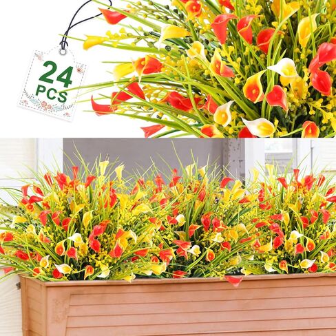 HOHOTIME Fall Flowers Outdoor, Fall Decorations for Home, 24 Pcs Fake UV Resistant Artificial Plants, Yellow and Orange Plastic Faux Calla Lily for Indoor Cemetery Vase Pots Hanging Planters Decor in Saudi Arabia