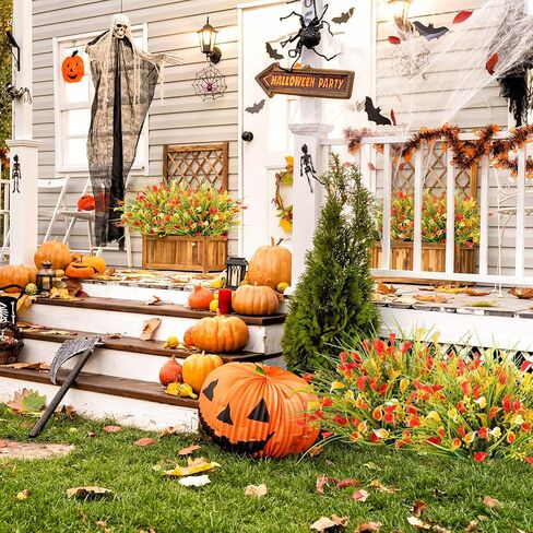 HOHOTIME Fall Flowers Outdoor, Fall Decorations for Home, 24 Pcs Fake UV Resistant Artificial Plants, Yellow and Orange Plastic Faux Calla Lily for Indoor Cemetery Vase Pots Hanging Planters Decor in Saudi Arabia