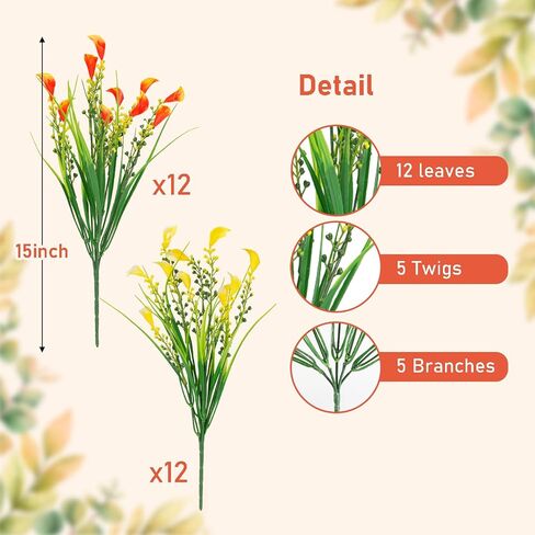 HOHOTIME Fall Flowers Outdoor, Fall Decorations for Home, 24 Pcs Fake UV Resistant Artificial Plants, Yellow and Orange Plastic Faux Calla Lily for Indoor Cemetery Vase Pots Hanging Planters Decor in Saudi Arabia