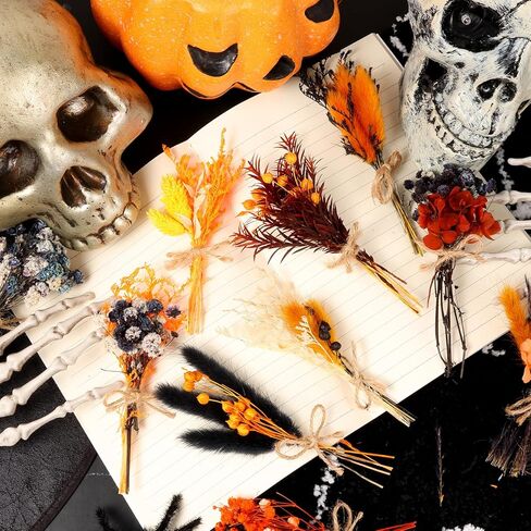 10 حزمة من الزهور المجففة باقة من الزهور المجففة باللون الأسود والبرتقالي الطبيعي مع سيقان زهور صغيرة مجففة منقوشة زهور اصطناعية لتزيين الهالوين، ديكور خريف الخريف، مزهرية، زفاف in Kuwait