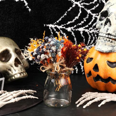 10 حزمة من الزهور المجففة باقة من الزهور المجففة باللون الأسود والبرتقالي الطبيعي مع سيقان زهور صغيرة مجففة منقوشة زهور اصطناعية لتزيين الهالوين، ديكور خريف الخريف، مزهرية، زفاف in Kuwait