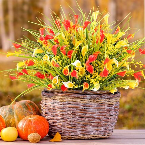 HOHOTIME Fall Flowers Outdoor, Fall Decorations for Home, 24 Pcs Fake UV Resistant Artificial Plants, Yellow and Orange Plastic Faux Calla Lily for Indoor Cemetery Vase Pots Hanging Planters Decor in Saudi Arabia