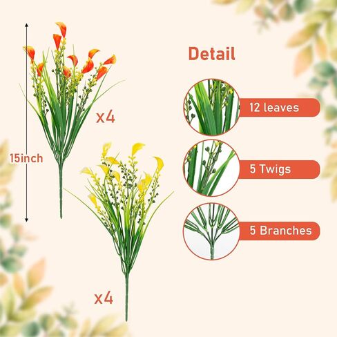 HOHOTIME Fall Flowers Outdoor, Fall Decorations for Home, 24 Pcs Fake UV Resistant Artificial Plants, Yellow and Orange Plastic Faux Calla Lily for Indoor Cemetery Vase Pots Hanging Planters Decor in Saudi Arabia