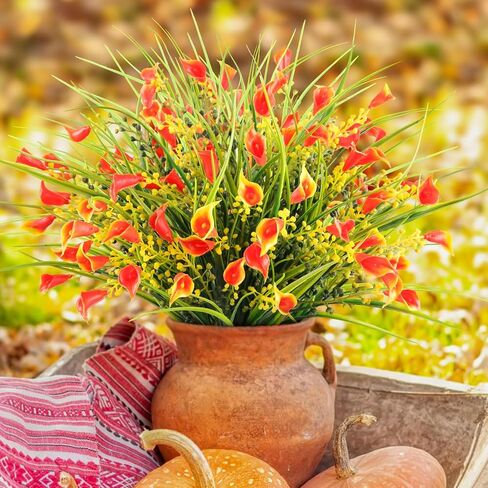 HOHOTIME Fall Flowers Outdoor, Fall Decorations for Home, 24 Pcs Fake UV Resistant Artificial Plants, Yellow and Orange Plastic Faux Calla Lily for Indoor Cemetery Vase Pots Hanging Planters Decor in Saudi Arabia