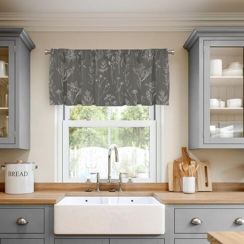 Horaldaily Kitchen Valance Window Curtain 54×18 inch, Hand-Painting Wildflowers Herbs Grey Window Treatment Short Topper Curtains for Decorations in Saudi Arabia