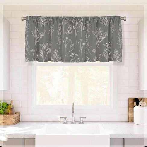 Horaldaily Kitchen Valance Window Curtain 54×18 inch, Hand-Painting Wildflowers Herbs Grey Window Treatment Short Topper Curtains for Decorations in Saudi Arabia