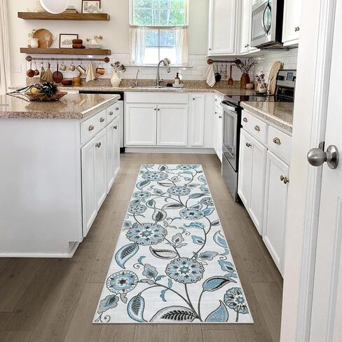 Floral Washable Kitchen Runner Rug 2x6,Beige Long Carpet Runners for Hallway 6ft, Botanical Low Pile Non Slip Rug Runner for Laundry Bathroom Indoor Outdoor Foyer(2x6ft) in Saudi Arabia