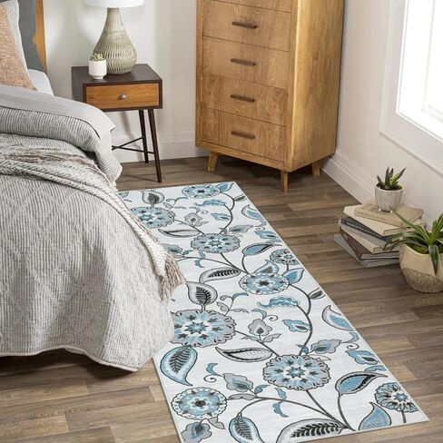 Floral Washable Kitchen Runner Rug 2x6,Beige Long Carpet Runners for Hallway 6ft, Botanical Low Pile Non Slip Rug Runner for Laundry Bathroom Indoor Outdoor Foyer(2x6ft) in Saudi Arabia
