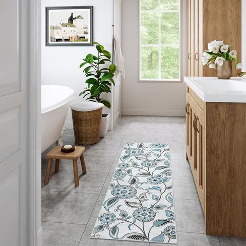 Floral Washable Kitchen Runner Rug 2x6,Beige Long Carpet Runners for Hallway 6ft, Botanical Low Pile Non Slip Rug Runner for Laundry Bathroom Indoor Outdoor Foyer(2x6ft) in Saudi Arabia