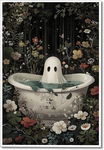 Ghost Takes A Bath Tub in Flower Forest Canvas Wall Art Vintage Gothic Victorian Aesthetic Posters Halloween Cute Ghost Bathtub Portrait Decor Dark Academia Horror Print 12x16in Unframed in Saudi Arabia