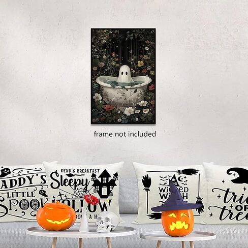 Ghost Takes A Bath Tub in Flower Forest Canvas Wall Art Vintage Gothic Victorian Aesthetic Posters Halloween Cute Ghost Bathtub Portrait Decor Dark Academia Horror Print 12x16in Unframed in Saudi Arabia