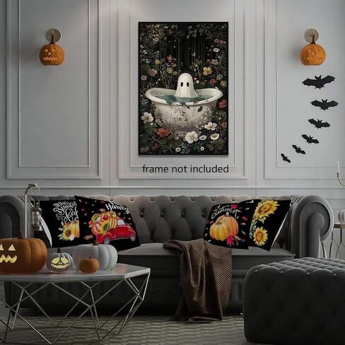 Ghost Takes A Bath Tub in Flower Forest Canvas Wall Art Vintage Gothic Victorian Aesthetic Posters Halloween Cute Ghost Bathtub Portrait Decor Dark Academia Horror Print 12x16in Unframed in Saudi Arabia