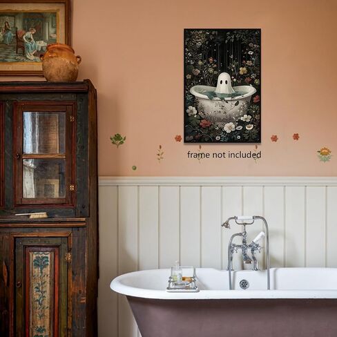 Ghost Takes A Bath Tub in Flower Forest Canvas Wall Art Vintage Gothic Victorian Aesthetic Posters Halloween Cute Ghost Bathtub Portrait Decor Dark Academia Horror Print 12x16in Unframed in Saudi Arabia