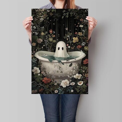 Ghost Takes A Bath Tub in Flower Forest Canvas Wall Art Vintage Gothic Victorian Aesthetic Posters Halloween Cute Ghost Bathtub Portrait Decor Dark Academia Horror Print 12x16in Unframed in Saudi Arabia